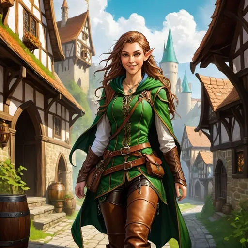 Prompt: DnD fantasy art, half body, teenage female half elf sorceress, half elf, sorceress, wizzard, shyly smiling, wizzard, magic, hazel long hair, light on hair, pointy ears, long detailed leather boots, detailed adventurer outfit, visible leather trousers , clothes with lot of pockets, back pack, detailed green hood, huge medieval backpack, running, detailed DnD city landscape with daylight ambiance, taverns and workshops visible in background, merchants in background, vibrant color, high quality, epic fantasy, traditional art, high quality details