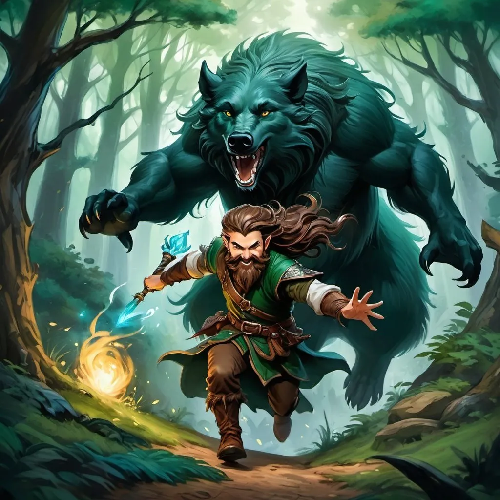 Prompt: ink painting, D&D fantasy, top down view, halfling male druid, fighting wild monster, long brown hair, long brown beard ondulating, blue eyes, laughing out and loud, riding a brown wild boar, leather armor, dark green magic effect coming from hands, using dark green magic, combat against wild monster, masterpiece, murky forest background in a DnD fantasy landscape with detailed plants and trees, atmospheric lighting, highres, medieval mysterious, murky tones, dark green magicexplosion in background