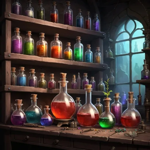 Prompt: Fantasy laboratory, potion, bottles