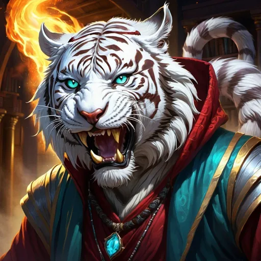 Prompt: traditional art, fantasy art, aggressive white tiger headed warlock fighting, hood, dragon head necklace, magic library background, vibrant color, dramatic lighting