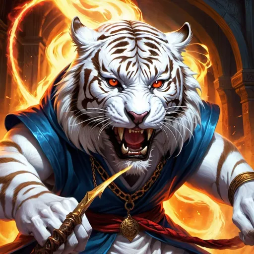 Prompt: traditional art, fantasy art, white tiger headed sorcerer, aggressive face, fighting in battle, hood, dragon head necklace, magic library background, vibrant color, dramatic lighting