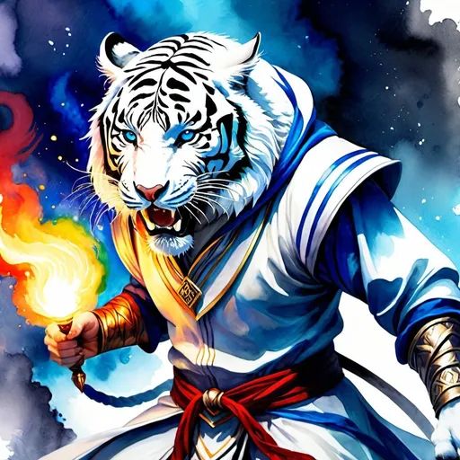 Prompt: watercolor, fantasy art, white tiger headed sorcerer, full body, aggressive face, fighting in battle, hood, dragon head necklace, magic library background, vibrant color, dramatic lighting