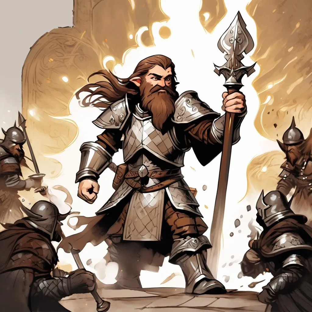 Prompt: ink painting, D&D fantasy, halfling priest, long brown hair, medium brown beard, chessnuts eyes, stand up, studded leather armor, mace of arms, white magic effect coming from hands