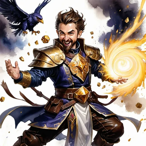 Prompt: ink painting, watercolor, D&D fantasy, halfling male priest, fighting dark magician, long brown hair, medium brown beard, chessnuts eyes, laughing, stand up, leather armor, golden nugget necklace, big warhammer, white magic effect coming from hands, using white magic, masterpiece, explosion in background