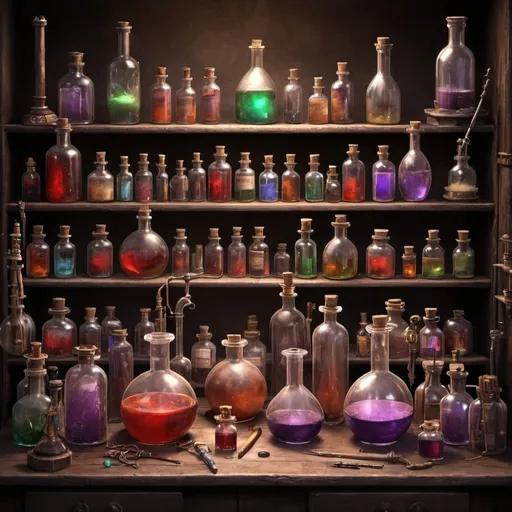Prompt: Fantasy laboratory, potion, bottles, laboratory instruments