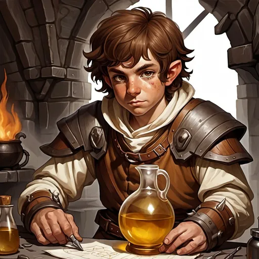 Prompt: dungeons and dragons, fantasy art, Halfling male, alchemist, brown hair,  hazel eyes, burn scars, ironsmith mask, white transparent cloat, workshop with magic potion