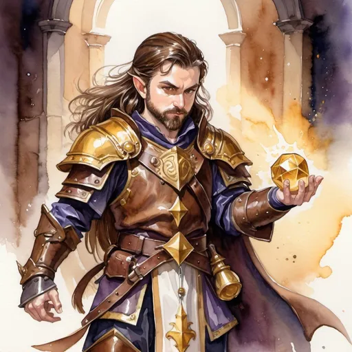 Prompt: watercolor, D&D fantasy, halfling male priest, fighting dark magician, long brown hair, medium brown beard, chessnuts eyes, stand up, studded leather armor, golden nugget necklace, mace of arms, white magic effect coming from hands