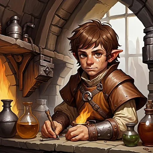 Prompt: dungeons and dragons, fantasy art, Halfling male, alchemist, brown hair,  hazel eyes, burn scars, ironsmith mask, workshop with magic potion, no magic effect