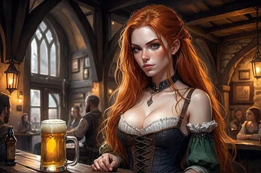 Prompt: watercolor, A Huge very detailed DnD fantasy tavern with a murky ambiente, atmospheric lighting, highres, fantasy, detailed architecture, immersive, murky tones, medieval, mysterious, foggy, gloomy moody atmosphere, variant habitans in the tavern background, needs only 10% of the picture, Detailed DnD fantasy art of a pretty female dnd barmaid, slim upper body, long ginger ondulating hair, light on hair, freckles, serving big glass of beer, traditional detailed painting, corset, dramatic lighting, vibrant colors, high quality, game-rpg style, epic high fantasy, traditional art, dramatic dark lighting, fascinating, dark gloomy vibrant colors, high quality details