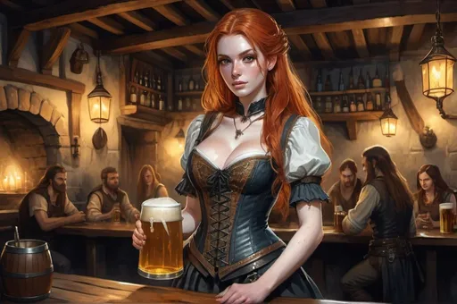 Prompt: watercolor, A Huge very detailed DnD fantasy tavern with a murky ambiente, atmospheric lighting, highres, fantasy, detailed architecture, immersive, murky tones, medieval, mysterious, foggy, gloomy moody atmosphere, variant habitans in the tavern background, needs only 10% of the picture, Detailed DnD fantasy art of a pretty female dnd barmaid, slim upper body, long ginger ondulating hair, light on hair, freckles, serving big glass of beer, traditional detailed painting, detailed intricate dark corset, dramatic lighting, vibrant colors, high quality, game-rpg style, epic high fantasy, traditional art, dramatic dark lighting, fascinating, dark gloomy vibrant colors, high quality details