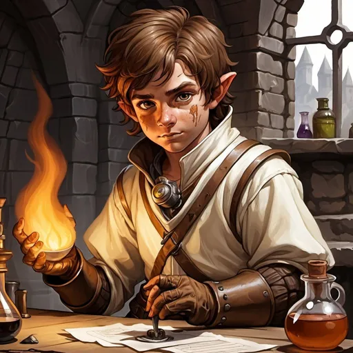 Prompt: dungeons and dragons, fantasy art, Halfling male, alchemist, brown hair,  hazel eyes, burn scars, ironsmith mask, white transparent cloat, workshop with magic potion