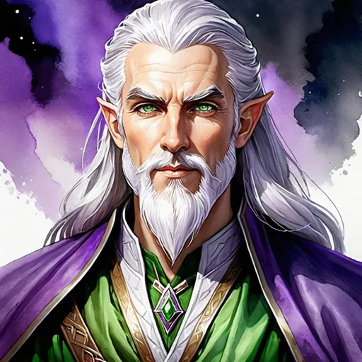 Prompt: Detailed DnD fantasy art of a heroic male dnd elven pureblood cleric, watercolor,  white in grey hair, long white beard, green eyes, wrinkled face, purple clothes, dramatic lighting, vibrant colors, high quality, game-rpg style, epic fantasy, traditional art, dramatic lighting, heroic cleric, high quality details