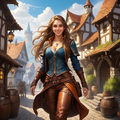 Prompt: DnD fantasy art, teenage female half elf sorceress, half elf, sorceress, wizzard, smile, wizzard, magic, hazel long hair, light on hair, long detailed leather boots, detailed adventurer outfit, visible leather trousers , clothes with lot of pockets, huge medieval backpack, running, detailed DnD city landscape with daylight ambiance, taverns and workshops visible in background, vibrant color, high quality, epic fantasy, traditional art, high quality details