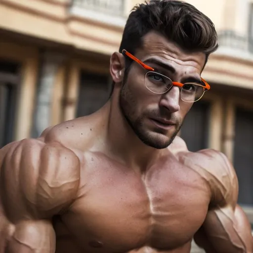Prompt: muscular Spanish hunk, flexing,
with glasses, short hair, confident look at the camera, sweaty, daylight, from below, high quality, high resolution, photorealistic
