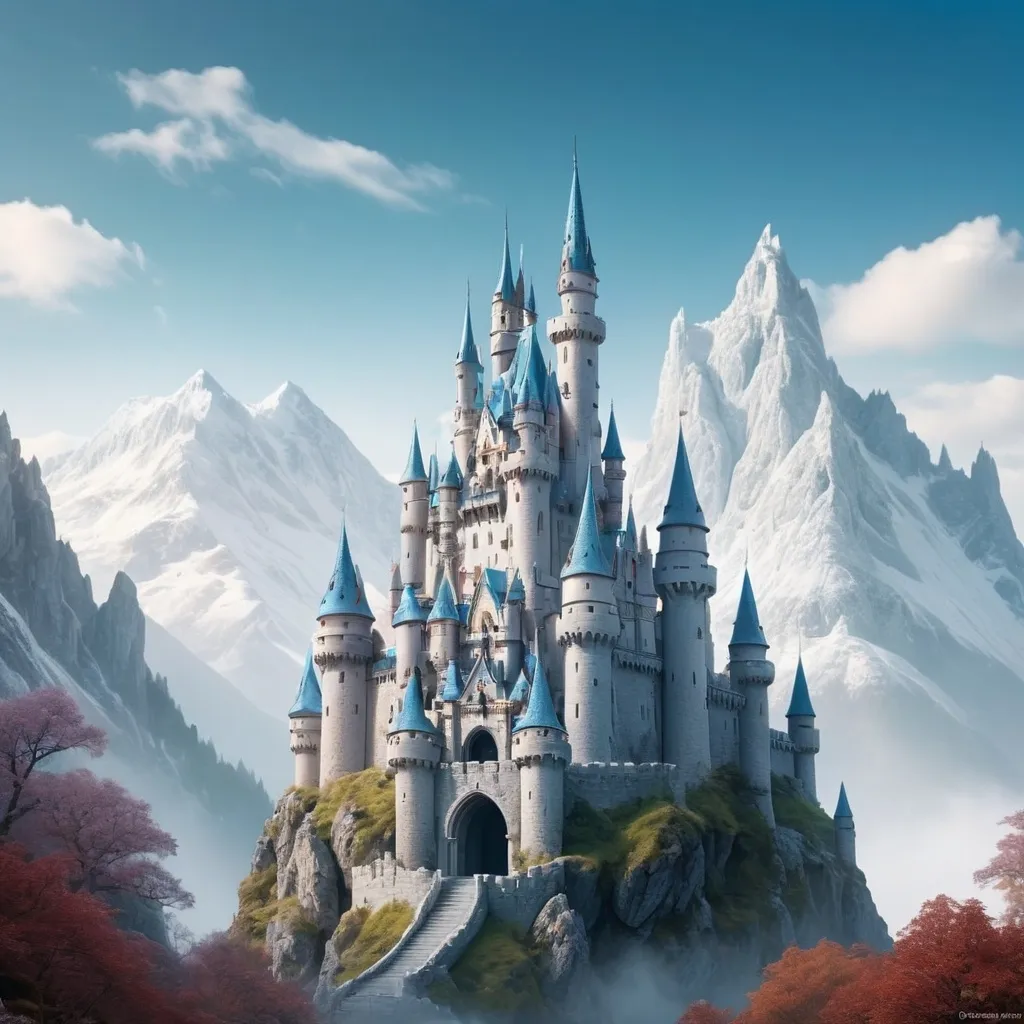 Prompt: Mystical castle with mountain background teel sky in white crystal territory