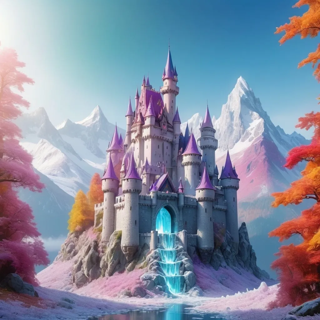 Prompt: Mystical castle with mountain background in white crystal territory colorful