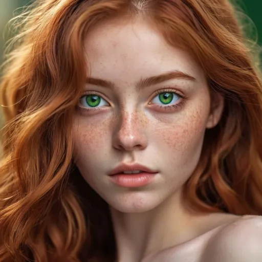 Prompt: Waist up portrait of a gorgeous female with vibrant big green eyes, slight freckles, glossy and wavey ginger hair, detailes pupils, detailed iris, high detail skin, 