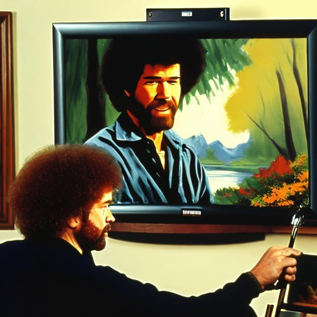 Prompt: Paint a picture of me watching Bob Ross paint a picture on television in my living room