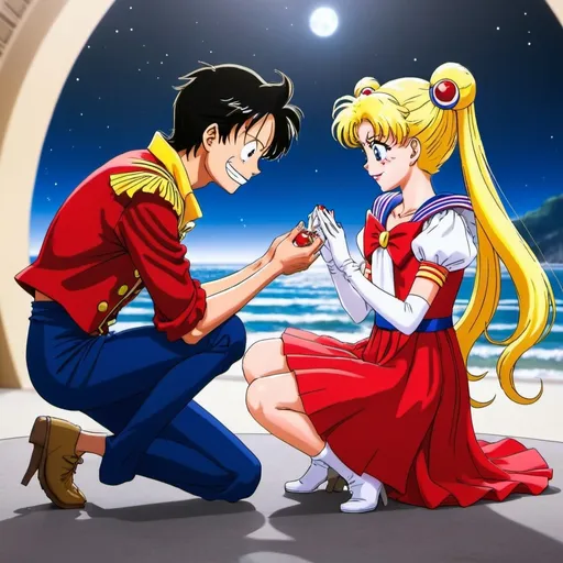 Prompt: luffy proposing to sailor moon