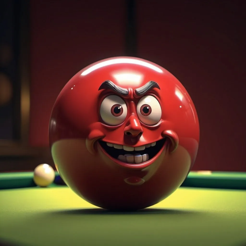 Prompt: Character made from a red three-cushion billiard ball, detailed facial features, digital illustration, intense and determined expression, 4k, ultra-detailed, cartoon style, bold yellow tones, dramatic lighting