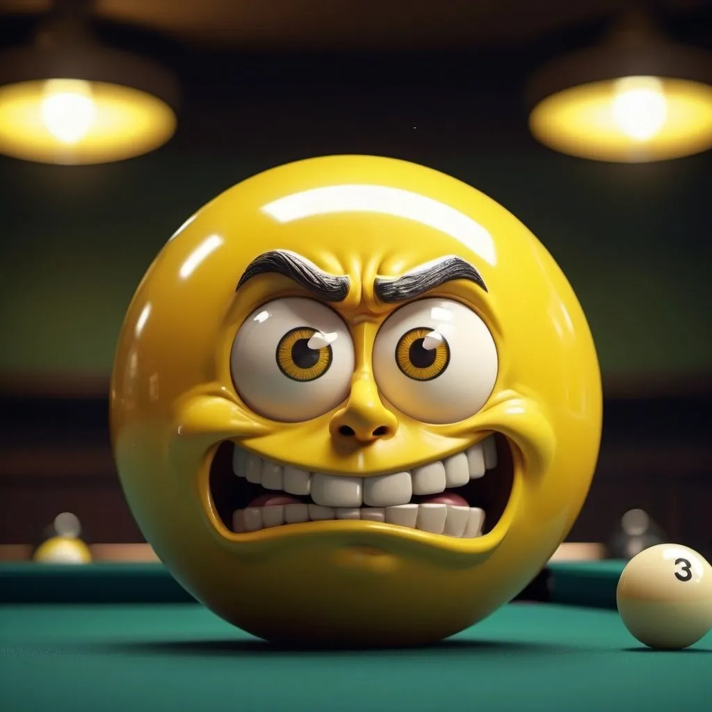 Prompt: Character made from a yellow three-cushion billiard ball, detailed facial features, digital illustration, intense and determined expression, 4k, ultra-detailed, cartoon style, bold yellow tones, dramatic lighting