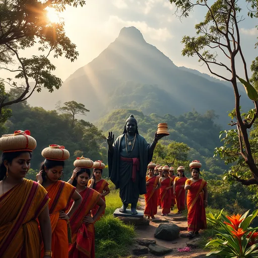 Prompt: Create a high-resolution photograph that captures the essence of the divine journey of Ayyappa, the embodiment of duality and spiritual guidance. The scene should be set in the lush, mystical landscape of Kerala, with a majestic mountain in the background symbolizing the challenging pilgrimage to Sabarimala. 
In the foreground, depict a group of Ayyappa devotees clad in traditional attire, carrying the iconic 'Irumudi' bundles on their heads. Their expressions should reflect determination and serenity as they ascend the steep path, representing the inner challenges they face. 
Include a figure of Ayyappa, depicted in his traditional black attire, holding a bell that symbolizes the awakening of consciousness. Surround him with natural elements like dense forests and vibrant flora, evoking a sense of tranquility and connection to nature. 
The lighting should be soft and ethereal, with rays of sunlight filtering through the trees, casting a warm glow on the devotees and the mountain, enhancing the spiritual atmosphere. 
Overall, aim for a composition that conveys the transformative nature of the pilgrimage, the balance of masculine and feminine energies, and the inner quest for enlightenment, inviting viewers to reflect on their own spiritual journeys.