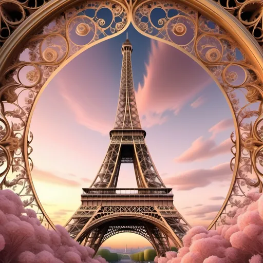 Prompt: An artistic depiction of the Eiffel Tower seamlessly blending into intricate fractal patterns, with swirling golden and pink hues, set against a dreamy Parisian sunset. The fractals should resemble elegant ironwork and radiate sophistication.