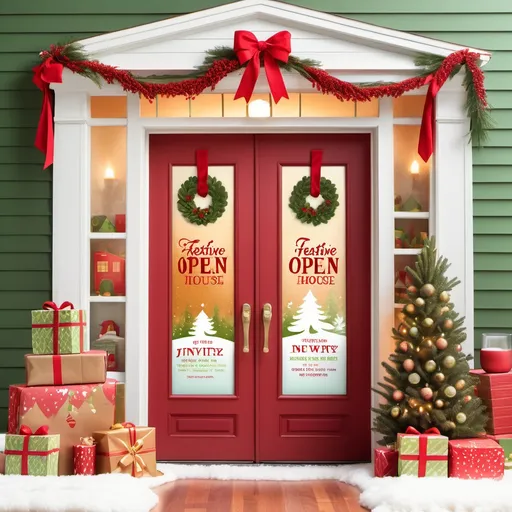 Prompt: (accurately spelled text "Festive Holiday Open House Invitation"), warm winter scene, cozy atmosphere, vibrant Christmas decorations, inviting open door, inviting warm drinks, cheerful treats, gently falling snow, soft, warm lighting, welcoming interior, family-friendly, elegant typography, high-quality design, playful holiday elements, festive color palette - reds, greens, golds, December 8th, 2023, 2:00 PM - 4:00 PM, Jakob Leisler 2, Apt 5.