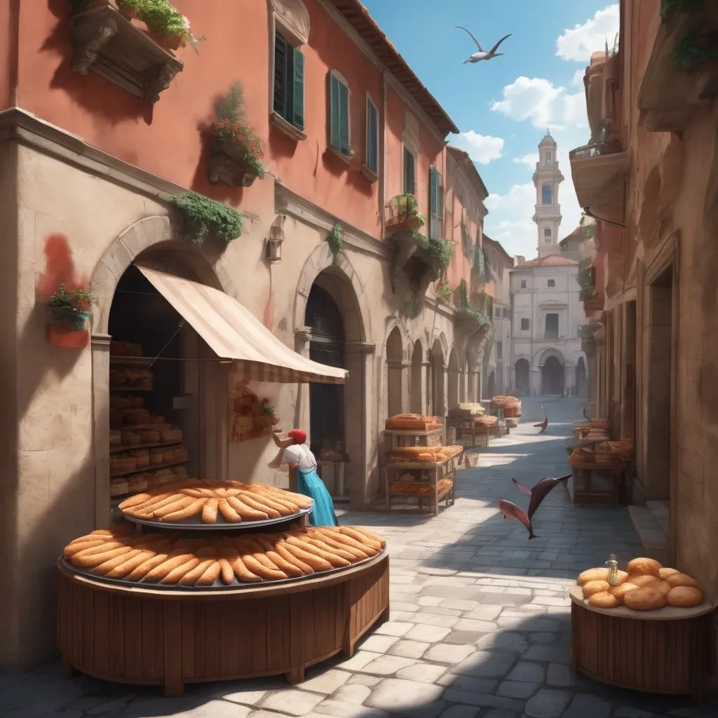 Prompt: Create a scene of old Italian streets with a bakery on a sunny afternoon. The focal point should be a woman with long red hair standing on the stairs of the bakery, wearing a soft smile. Surrounding her, depict a round water fountain with two dolphin statues standing and spraying water. Additionally, include street vendors in the scene. The overall atmosphere should be peaceful. The picture should be in SDXL resolution (512px * 512px) and depict a medium view