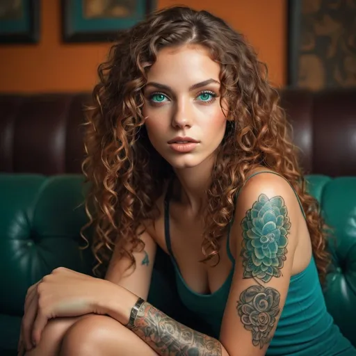 Prompt: Analog style, ((read head model)), long curly hair, beautiful face, green eyes, symmetrical features, perfect skin, juicy lips, looking at camera, realistic photo, award winning photography, intricate details, masterpiece, leather couch, orange and teal, dynamic lighting, cinematic filters, effects, retouched, tattoos, tanned skin