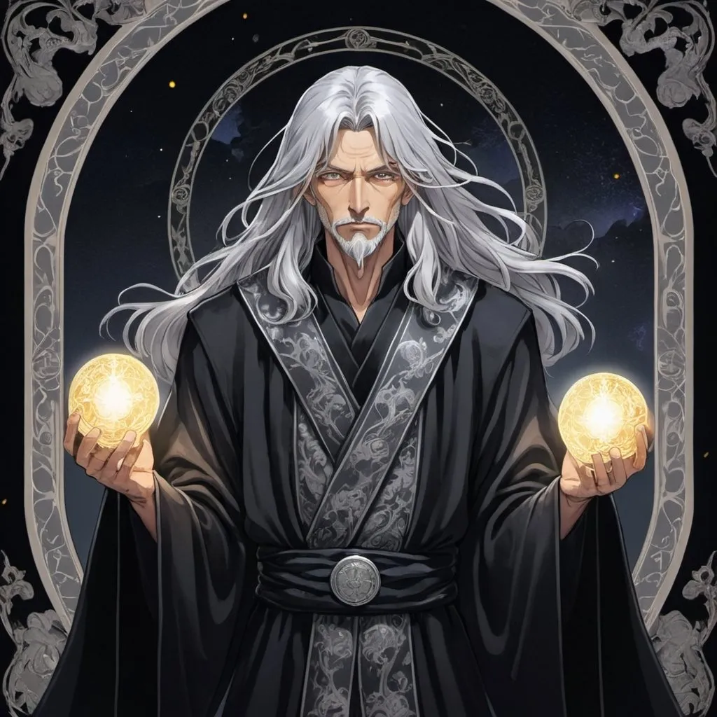 Prompt: tarot card Anime illustration, a long silver-haired man, detailed embellish cloth black robe, dramatic lighting