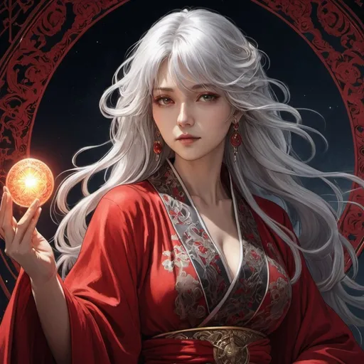 Prompt: tarot card Anime illustration, a long silver-haired woman, detailed embellish cloth red robe, dramatic lighting