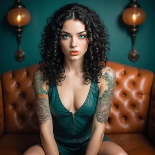 Prompt: Analog style, ((black hair model)), long curly hair, beautiful face, green eyes, symmetrical features, soft white skin, juicy lips, looking at camera, realistic photo, award winning photography, intricate details, masterpiece, leather couch, orange and teal, dynamic lighting, cinematic filters, effects, retouched, tattoos