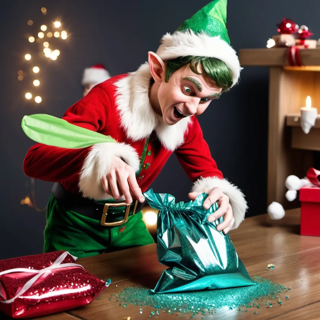 Prompt: a mischievous elf is opening a bag of glitter and emptying it