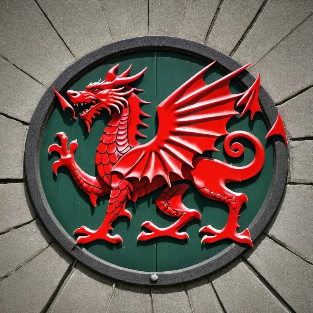 Prompt: Welsh dragon symbol, looking at you, fierce, memorial

