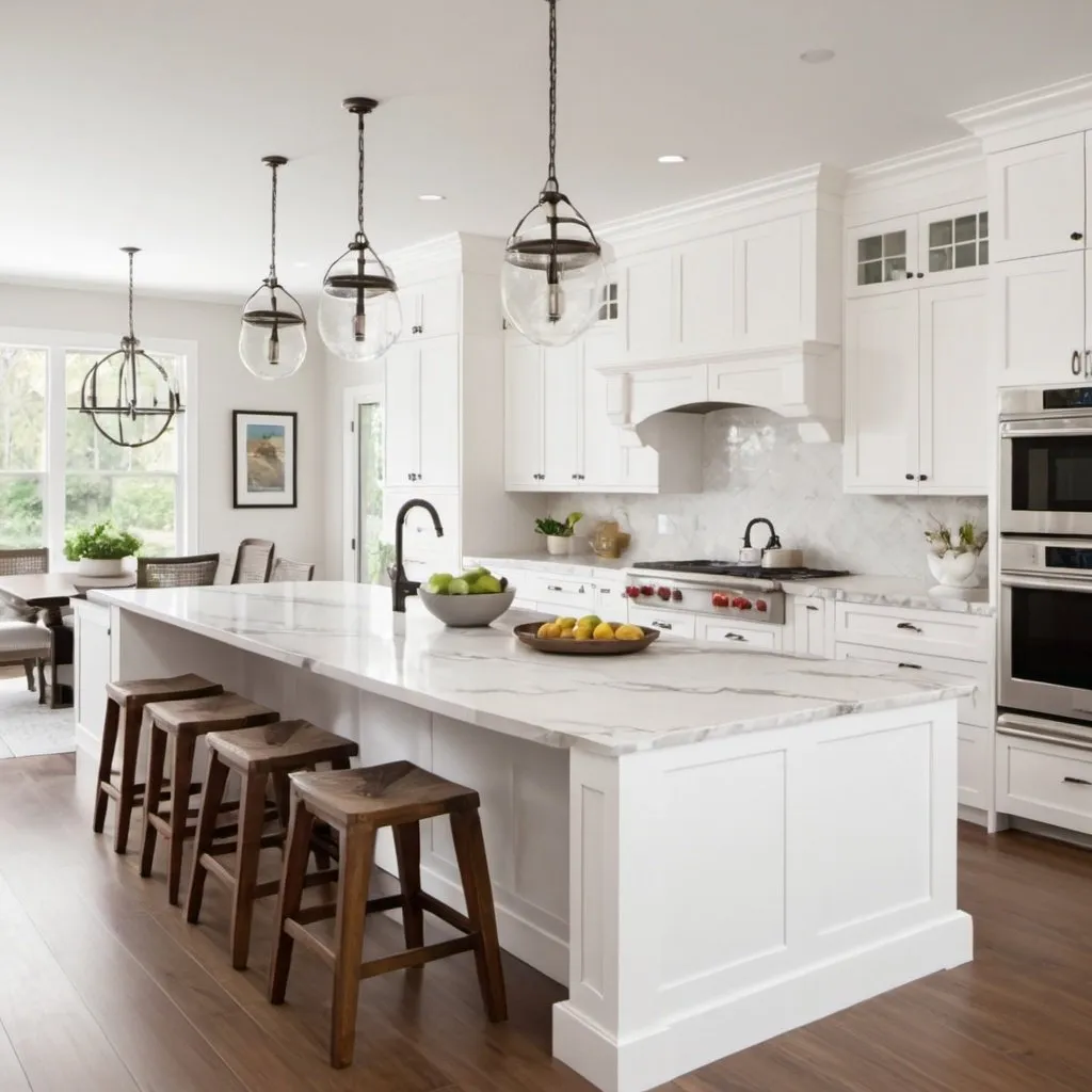 Prompt: a kitchen has white shaker for the cabinets and has calacatta countertop, it's modern style,has a island for the center piece