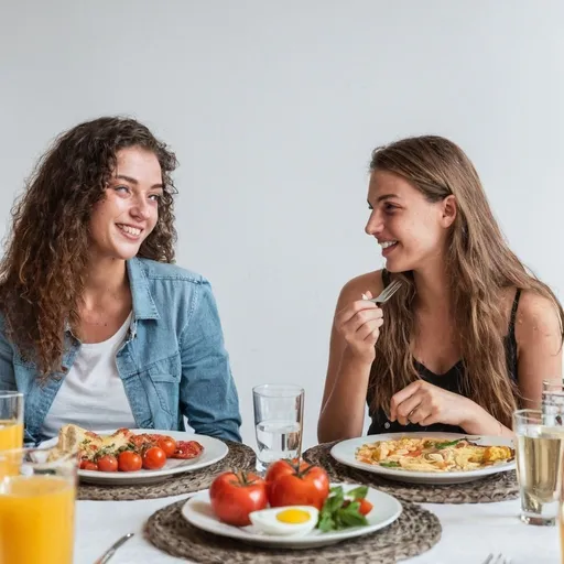 Prompt: Mooie jonge Italiaanse vrouwen die aan de ontbijt tafel 