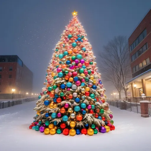 Prompt: a christmas tree covered in twinkling lights and colorful balls vfor christmas in a  blizzard