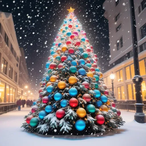 Prompt: a christmas tree covered in twinkling lights and colorful balls vfor christmas in a  blizzard