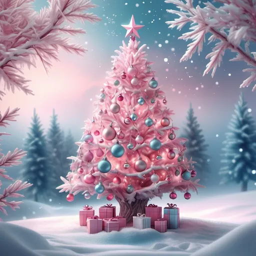 Prompt: pink-themed Christmas tree, detailed ornaments, snowy background, winter wonderland, high quality, digital art, cool tones, festive atmosphere, sparkling lights, snowy landscape, holiday spirit, magical ambiance, frozen branches, enchanting glow, icy blue decor, best quality, highres, ultra-detailed, winter, snowy, holiday, cool tones, festive, magical, enchanting, sparkling lights, digital art, detailed ornaments, snowy background