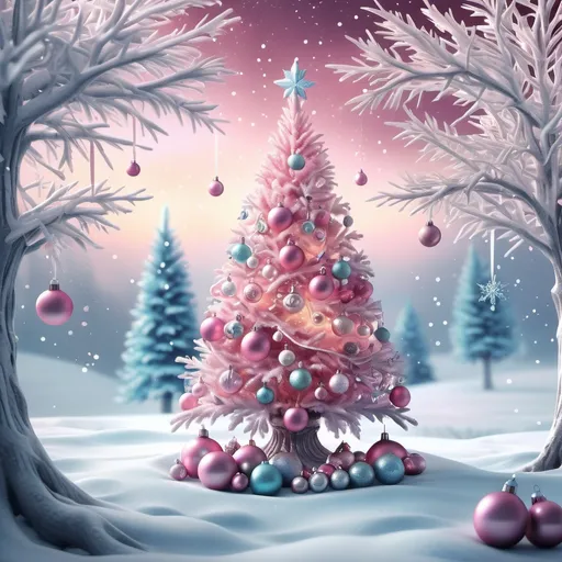 Prompt: pink-themed Christmas tree, detailed ornaments, snowy background, winter wonderland, high quality, digital art, cool tones, festive atmosphere, sparkling lights, snowy landscape, holiday spirit, magical ambiance, frozen branches, enchanting glow, icy blue decor, best quality, highres, ultra-detailed, winter, snowy, holiday, cool tones, festive, magical, enchanting, sparkling lights, digital art, detailed ornaments, snowy background