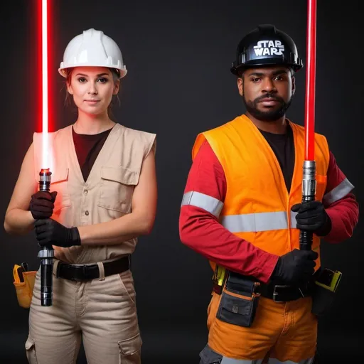 Prompt: 2 people: first construction worker with white helmet and light saber and second construction worker with black helmet and red light saber