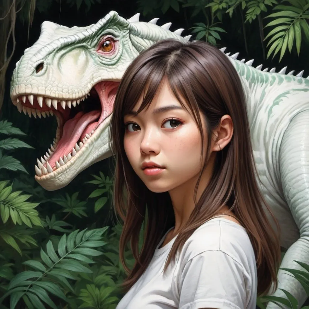 Prompt: Una chica estilo adolescente dibujo japonés como de 20 años con pelo blanco y largo hasta los hombros acompañada de un dinosaurio y el fondo de una selva frondosa