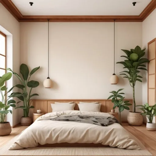 Prompt: A japandi home style bedroom with cream walls and wood trim and house plants 