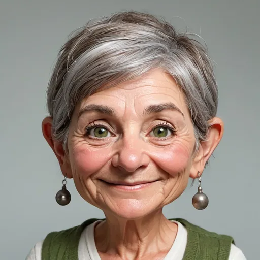 Prompt: middle aged female gnome, short, stout, happy. wispy grey-brown hair, maternal. motherly, wrinkles, kind. Green eyes, brown skin