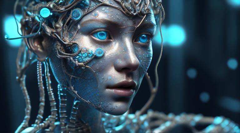Prompt: 3D, Artistic macro photo render showcasing a close-up of a highly detailed female human face, illuminated in a soft blue hue. Intricate circuitry and metallic components form her features, with captivating, almost human-like eyes and shimmering metallic lips. in wide ratio