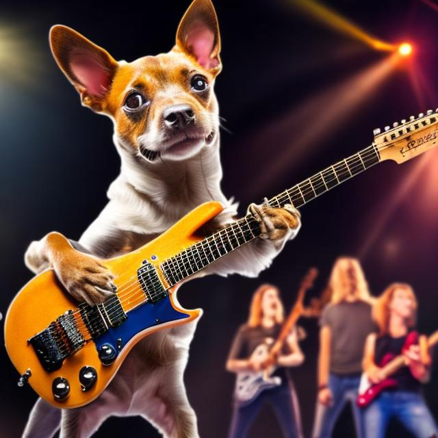 Prompt: small brown dog playing a flying V electric guitar on stage with a large crowd
