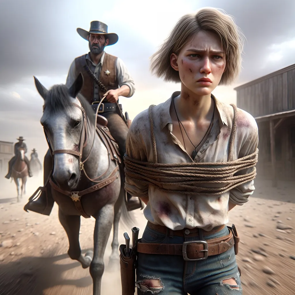 Prompt: Wild West scene, distant full body view, wide angle, photorealistic, sheriff rides very slowly into town with his horse at walking pace. Behind him on the saddle is his female prisoner, attached by a short rope, a very pretty, slender, young woman, short blonde hair, torn jeans, torn white shirt, bruised and scratched face, she has her arms in front and her hands tightly tied together, detailed facial expressions, high quality, photorealistic, intense drama