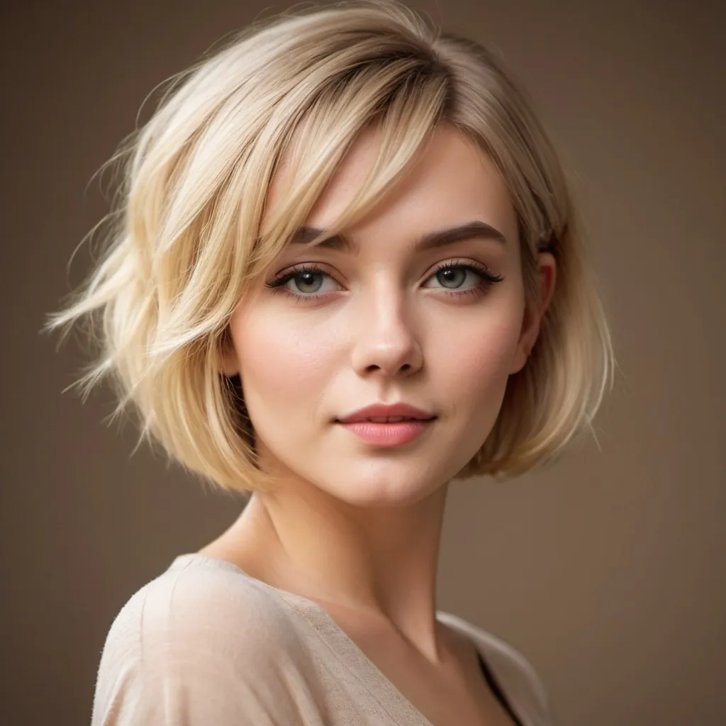 Prompt: Attractive young woman with blonde hair, short bob, shag, hairstyle.