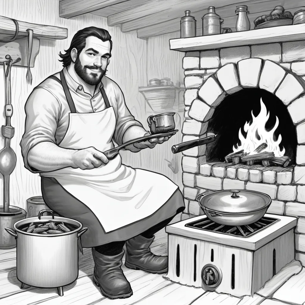 Prompt: a man is cooking in a wood stove with a fire in the background and a fire in the fireplace, Adam Paquette, fantasy art, dnd character portrait, a storybook illustration